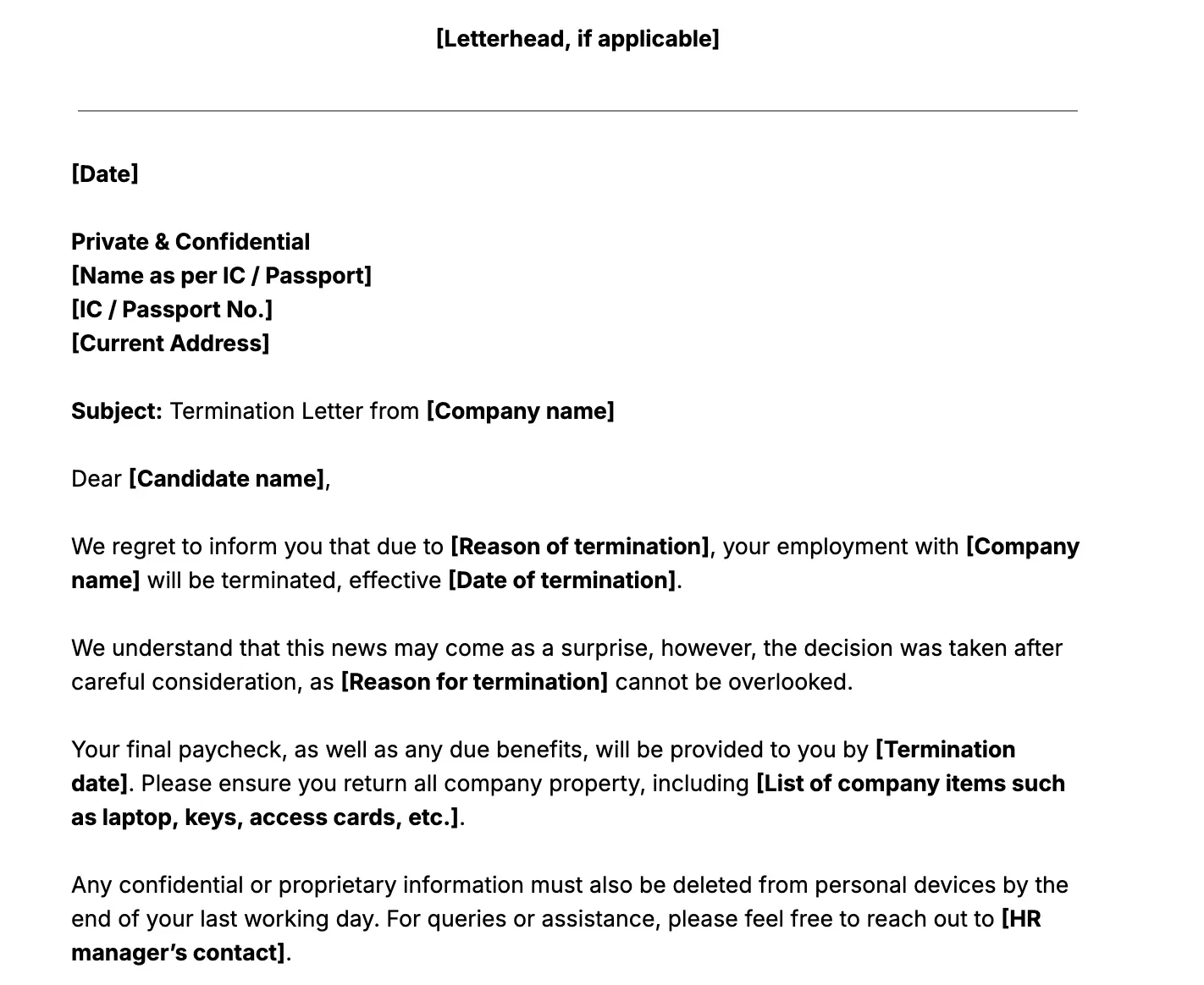 termination letter template snippet